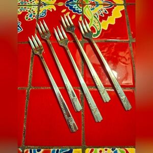 Silverplate Cocktail Forks "Caprice" 1937 Art Deco 5 Nobility Silvrplt Vintage